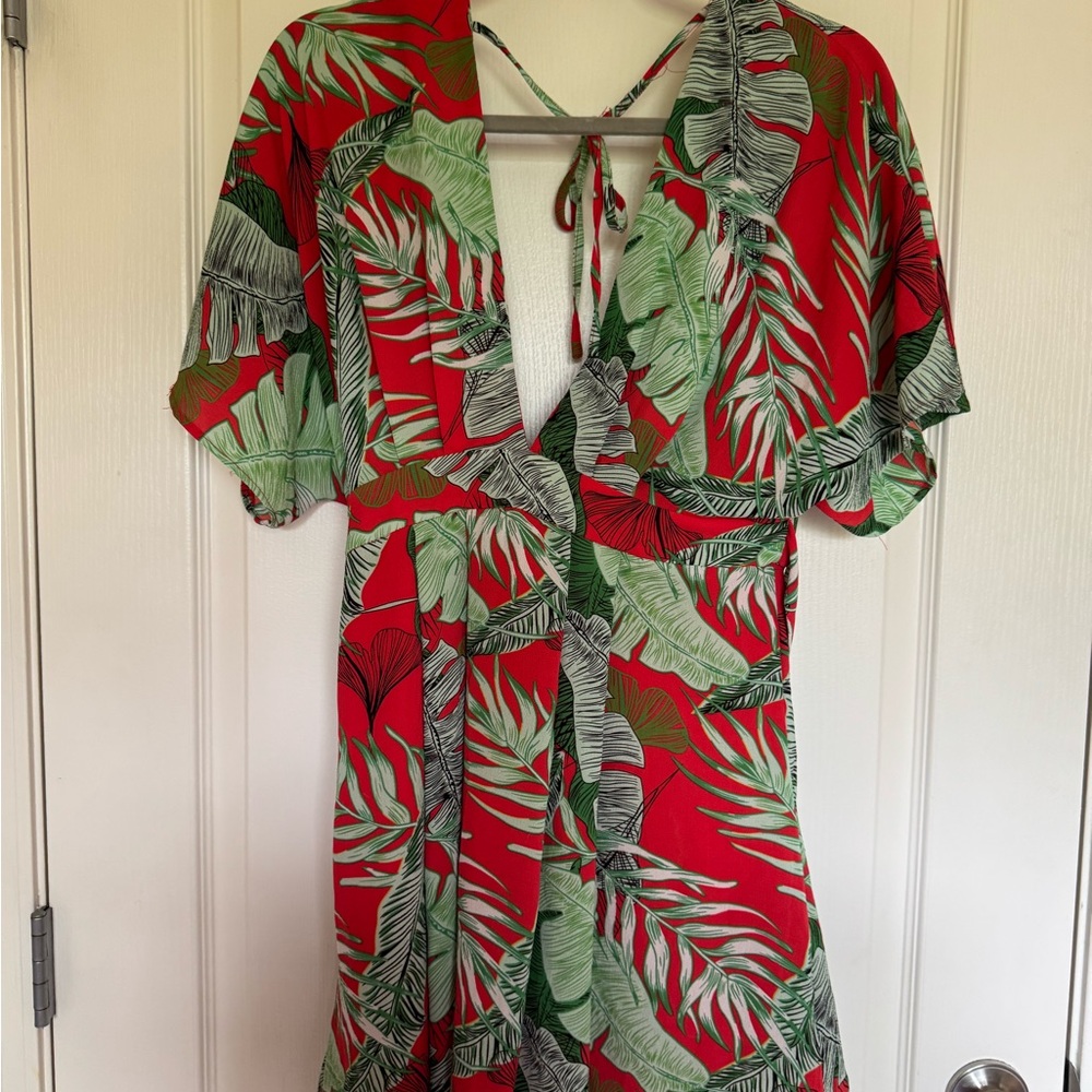Tropical Red and Green Leaf Print Dress